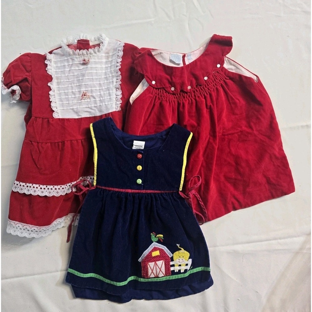Vintage Girls Dress Velvet Red 4 Years White Lace Ruffle 70's Lot Of 3